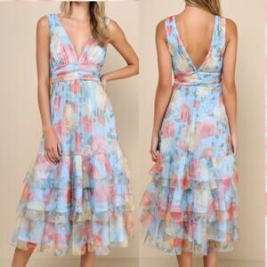 Lulu's Pastel Floral Tiered Midi Dress - Blue, Pink, Yellow